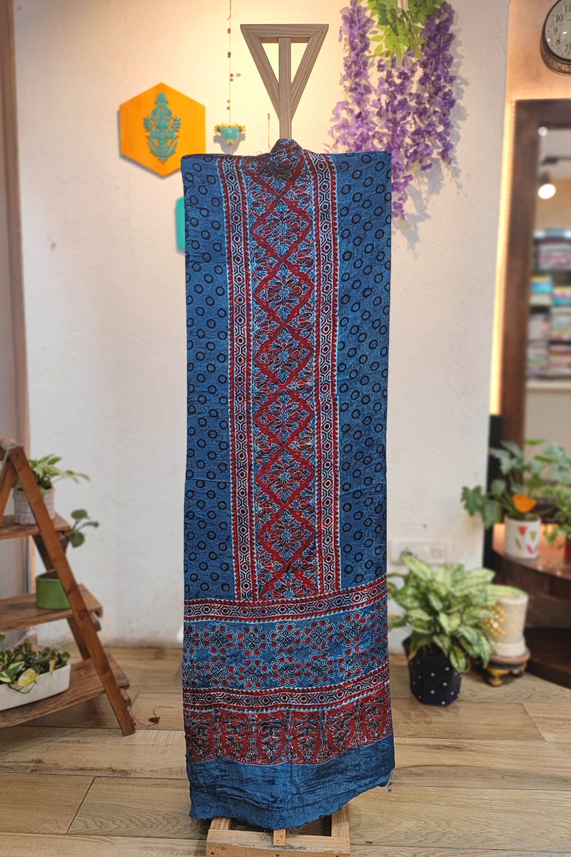 Blue Velvet Unstitched Suit Material with Heavy Front Panel & Bandhani Dot Pattern