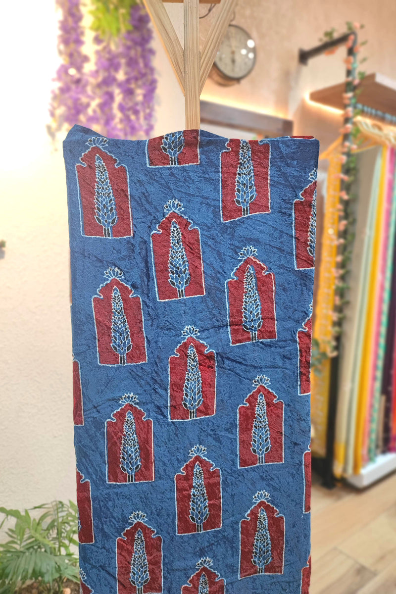 Blue Velvet Unstitched Suit Material with Mughal Arch Motifs