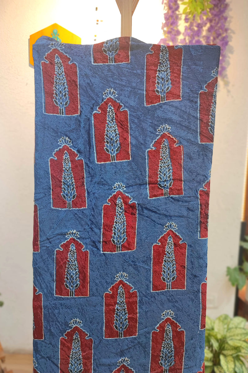 Blue Velvet Unstitched Suit Material with Mughal Arch Motifs