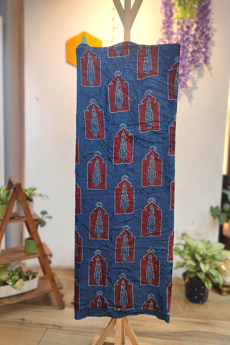 Blue Velvet Unstitched Suit Material with Mughal Arch Motifs