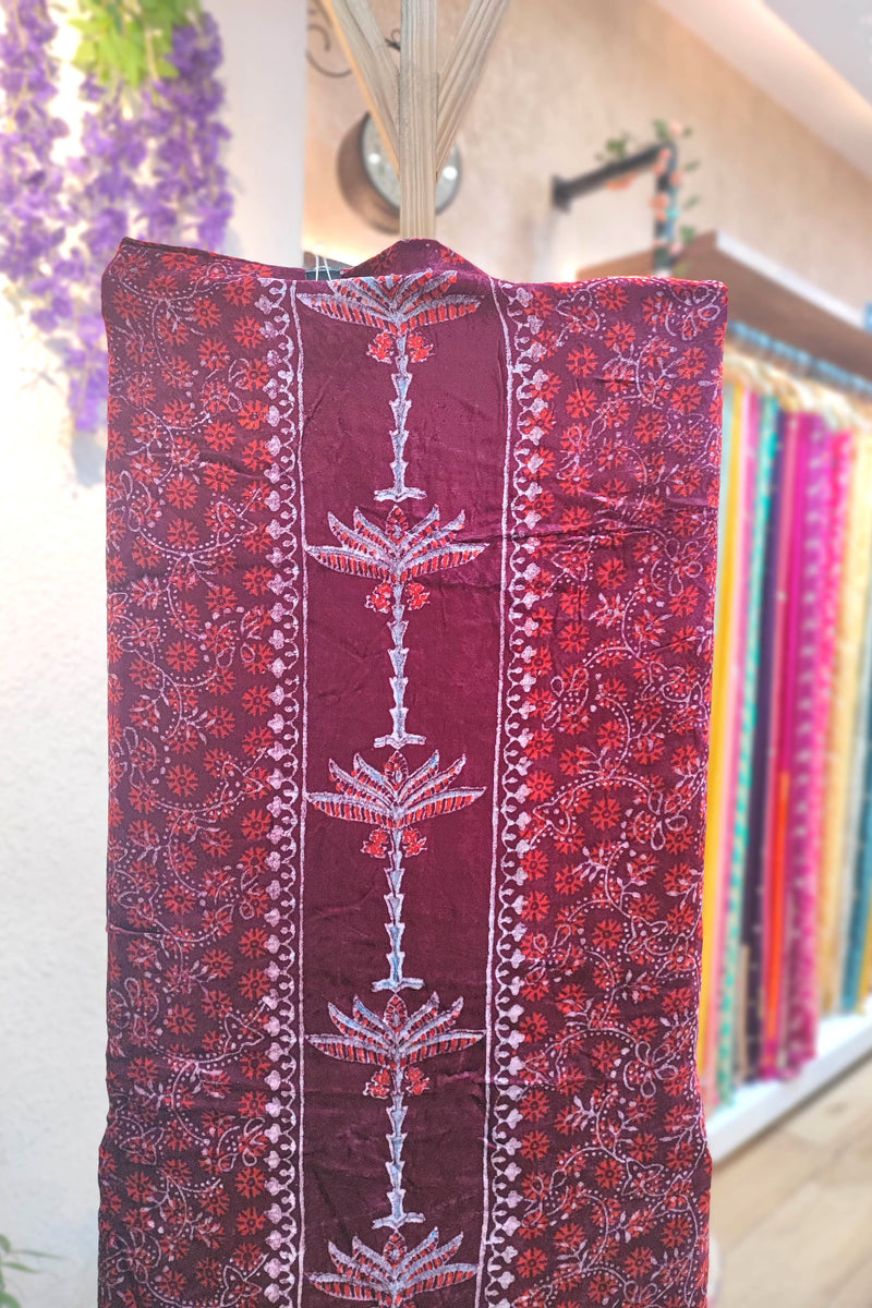 Wine Velvet Unstitched Suit Material with Vertical Floral Panel & Heavy Festive Border | Premium Winter Velvet Fabric