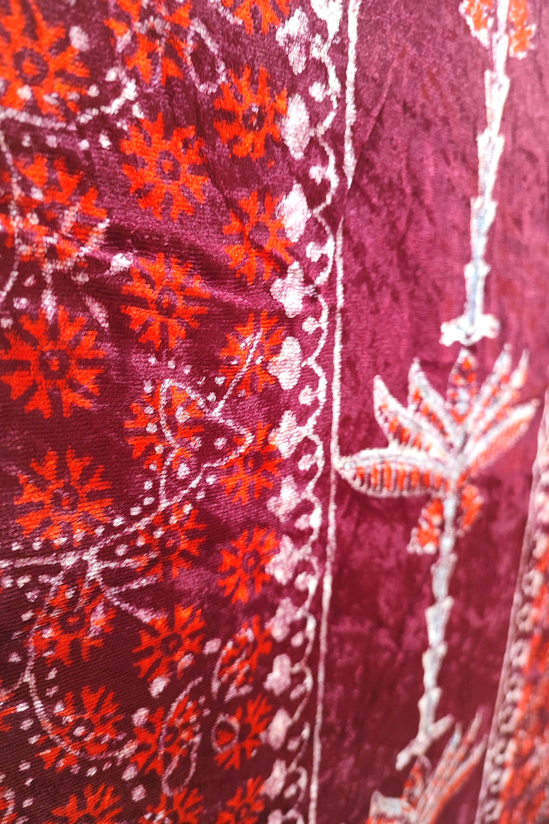 Wine Velvet Unstitched Suit Material with Vertical Floral Panel & Heavy Festive Border | Premium Winter Velvet Fabric
