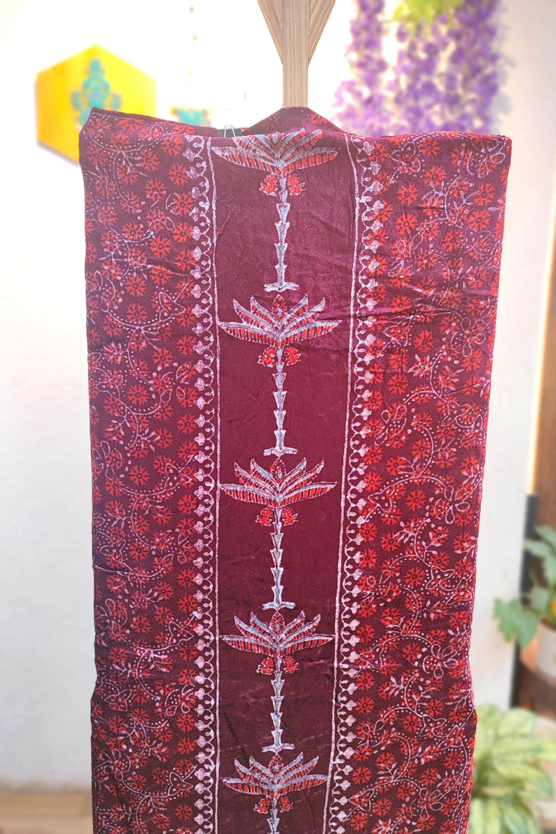 Wine Velvet Unstitched Suit Material with Vertical Floral Panel & Heavy Festive Border | Premium Winter Velvet Fabric