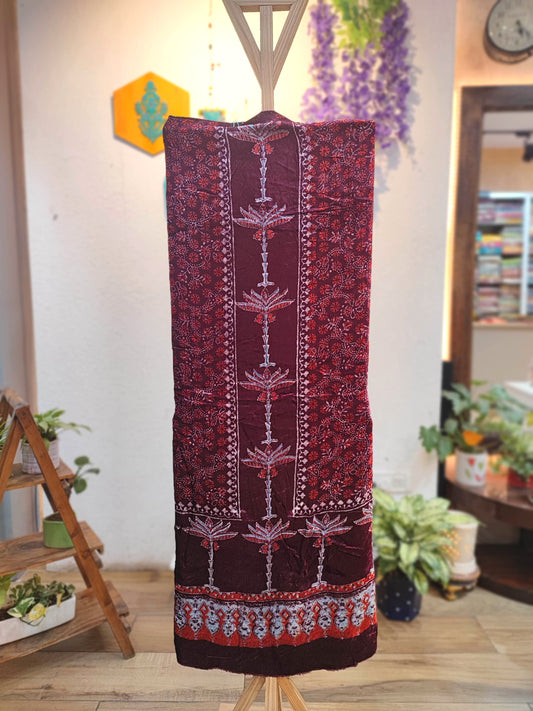 Wine Velvet Unstitched Suit Material with Vertical Floral Panel & Heavy Festive Border | Premium Winter Velvet Fabric