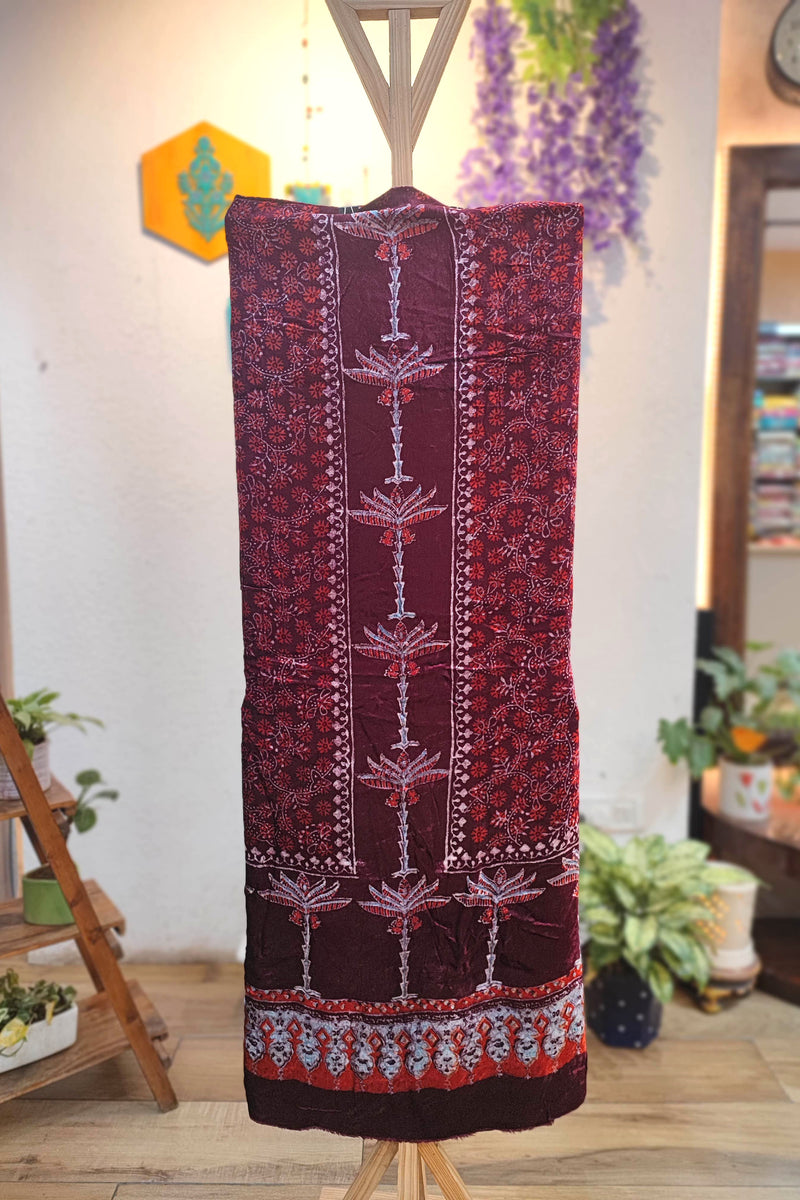 Wine Velvet Unstitched Suit Material with Vertical Floral Panel & Heavy Festive Border | Premium Winter Velvet Fabric