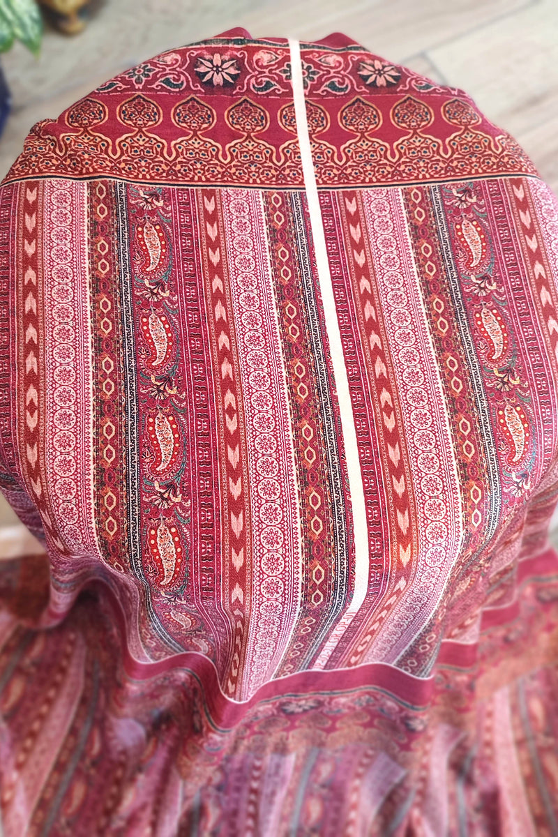 Rust Maroon Velvet Unstitched Suit Material with Vertical Paisley Stripes