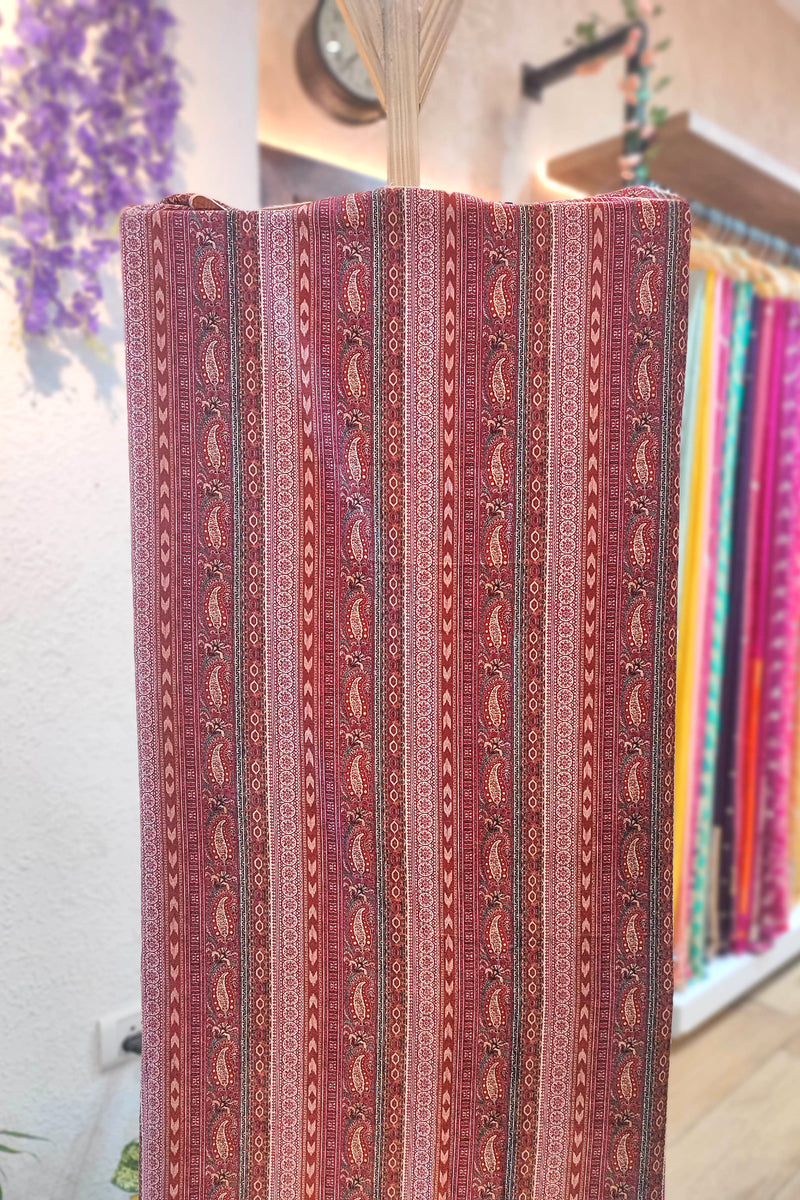 Rust Maroon Velvet Unstitched Suit Material with Vertical Paisley Stripes