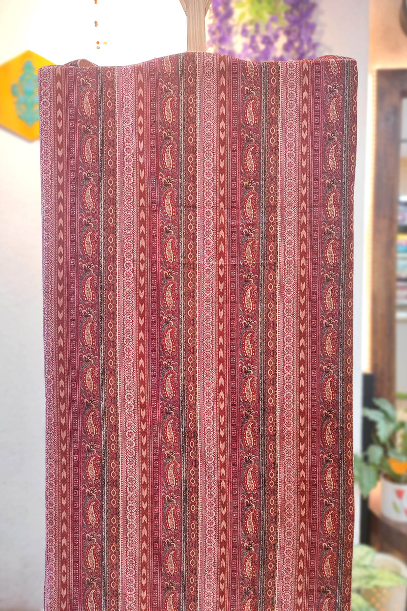 Rust Maroon Velvet Unstitched Suit Material with Vertical Paisley Stripes