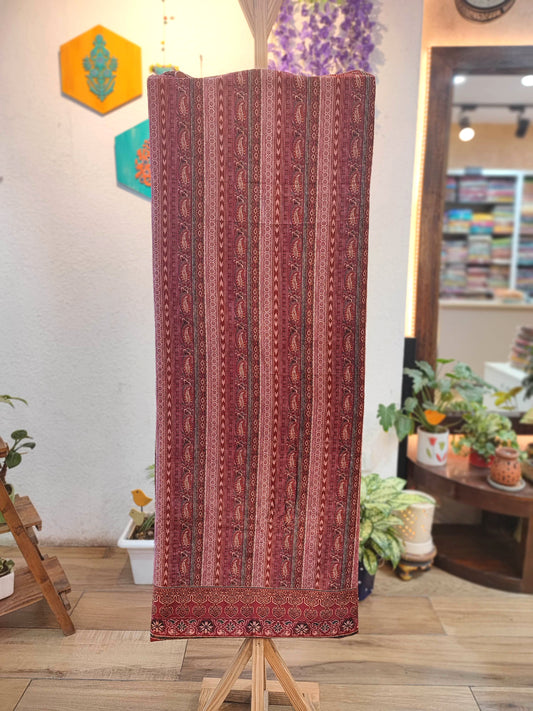 Rust Maroon Velvet Unstitched Suit Material with Vertical Paisley Stripes