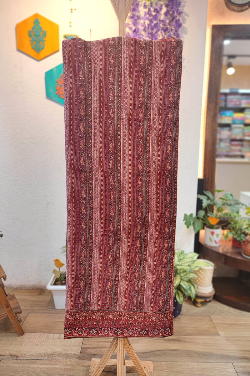 Rust Maroon Velvet Unstitched Suit Material with Vertical Paisley Stripes