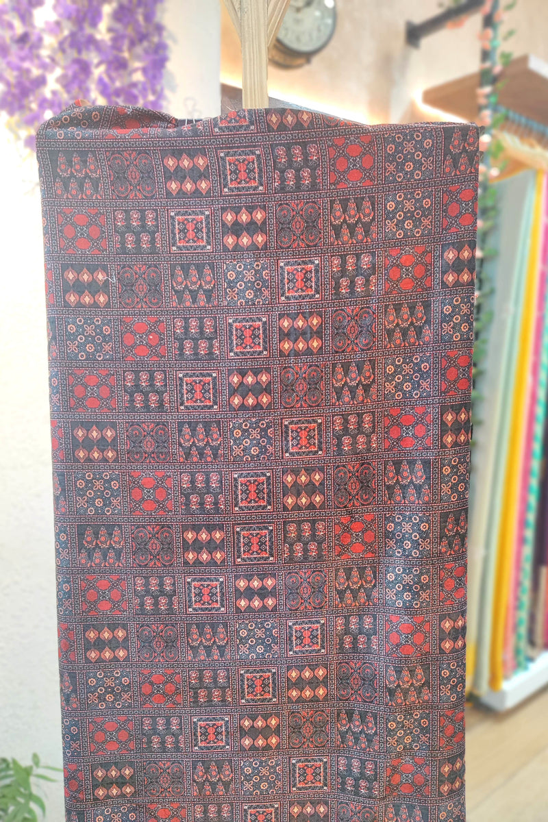 Velvet Unstitched Suit Material with Ajrakh Square Print & Maroon Ethnic Border