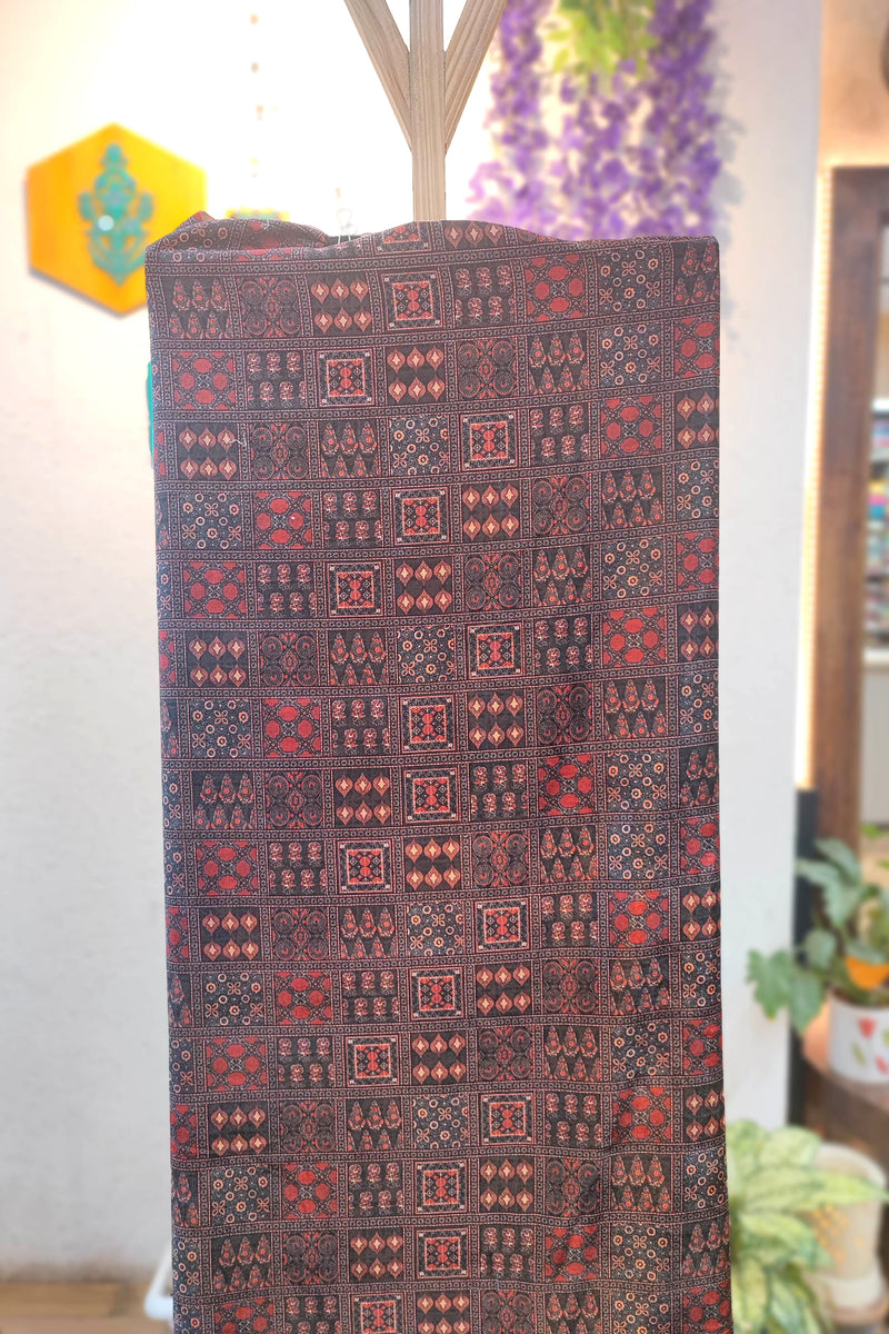 Velvet Unstitched Suit Material with Ajrakh Square Print & Maroon Ethnic Border