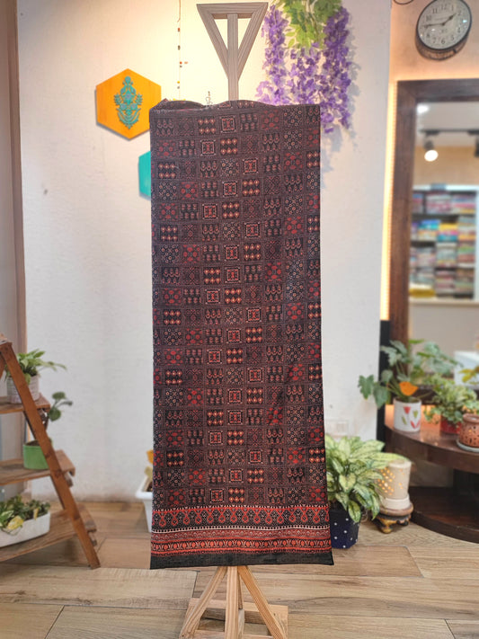 Velvet Unstitched Suit Material with Ajrakh Square Print & Maroon Ethnic Border