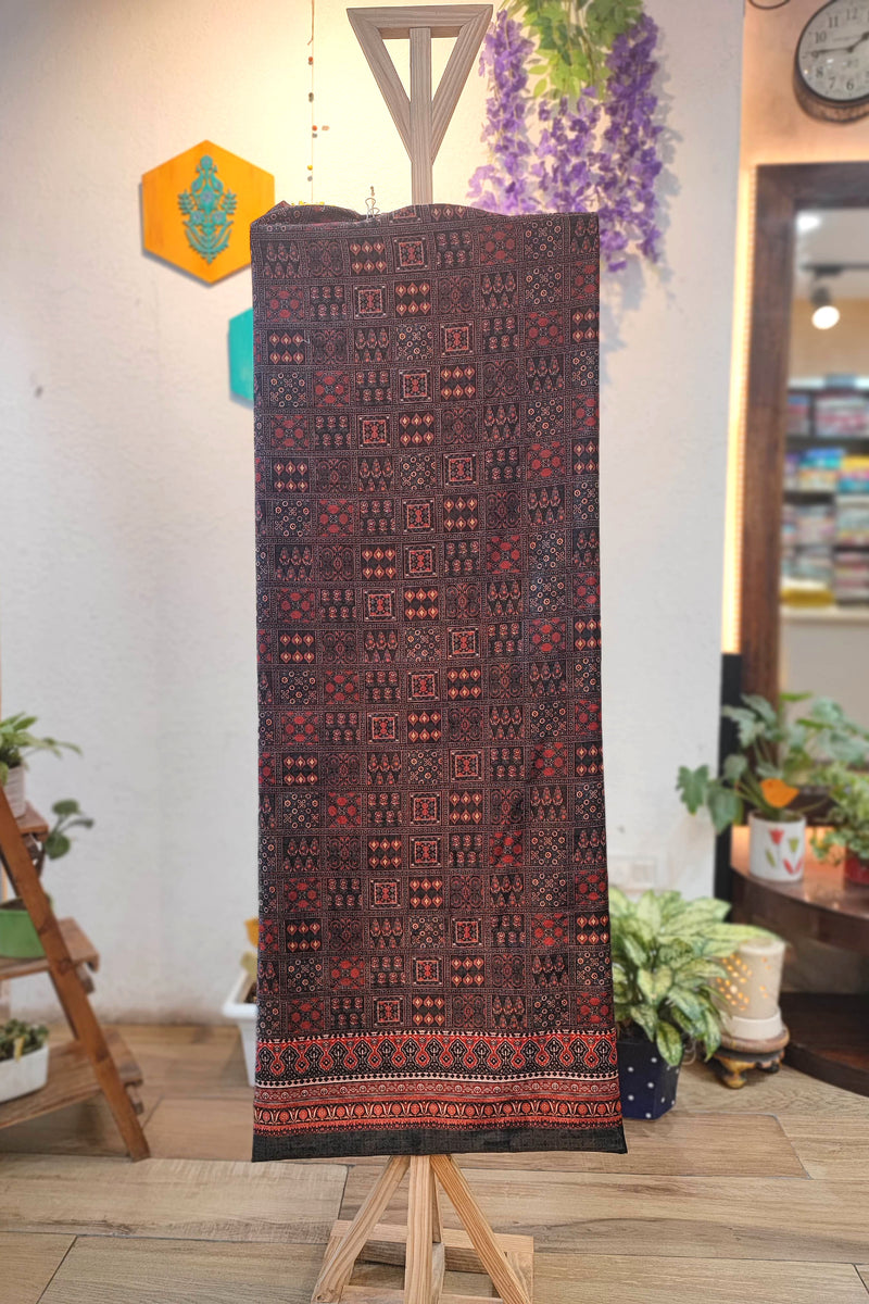 Velvet Unstitched Suit Material with Ajrakh Square Print & Maroon Ethnic Border