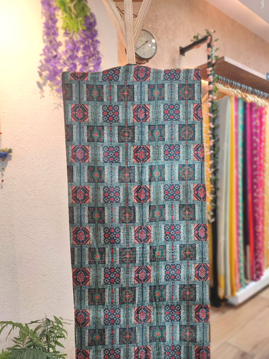 Teal Black Velvet Unstitched Suit Material with Ajrakh Square Motifs & Rich Ethnic Border