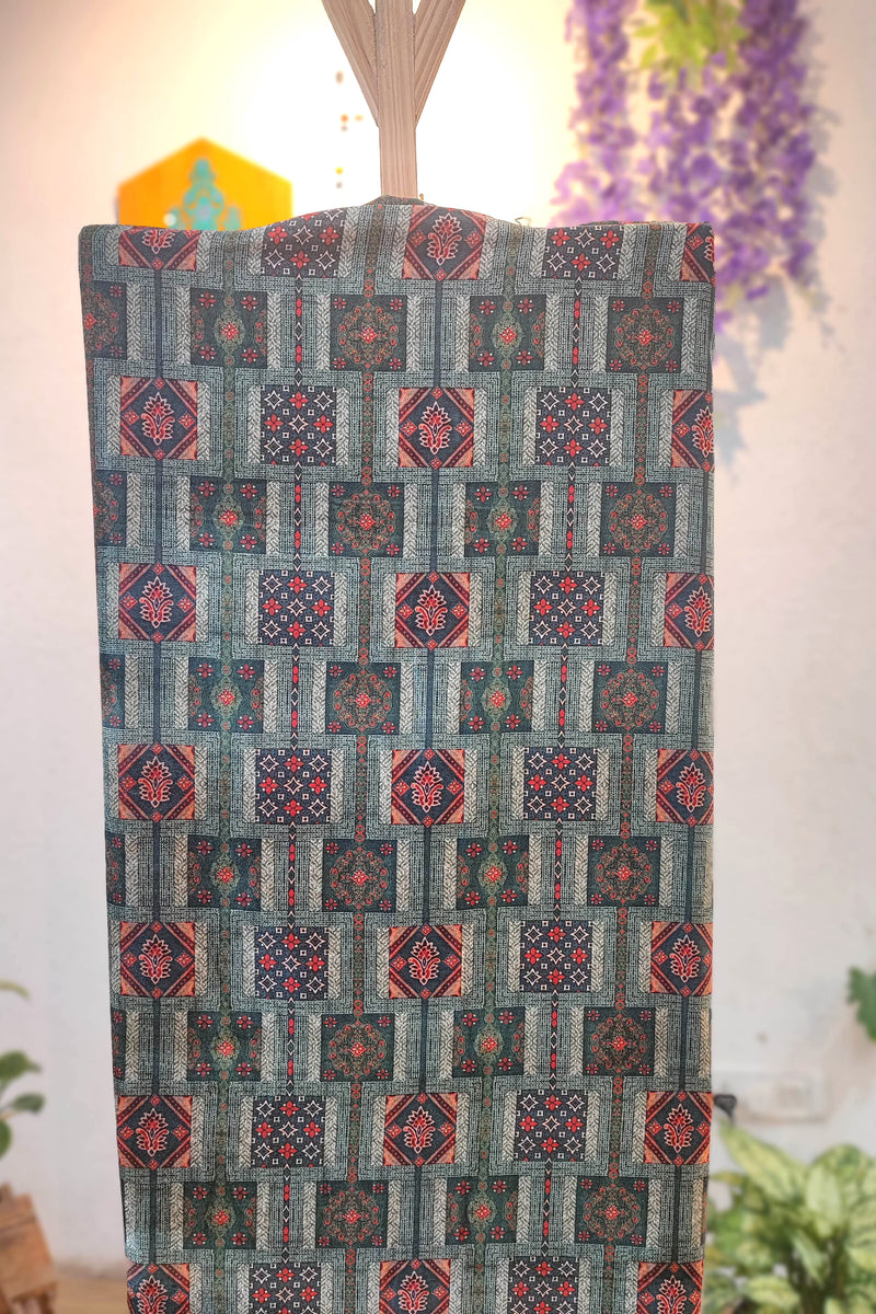 Teal Black Velvet Unstitched Suit Material with Ajrakh Square Motifs & Rich Ethnic Border