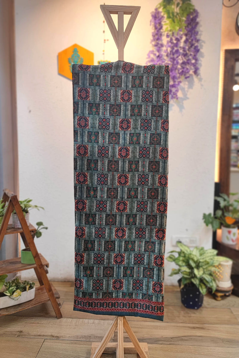 Teal Black Velvet Unstitched Suit Material with Ajrakh Square Motifs & Rich Ethnic Border