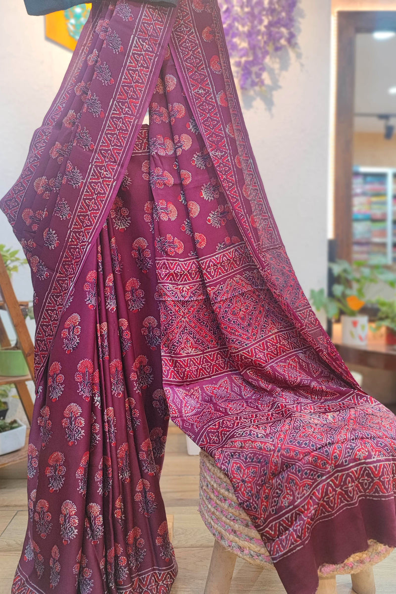 Maroon Ajrakh Print Modal Saree with Soft Modal Drape & Intricate Geometric Pallu