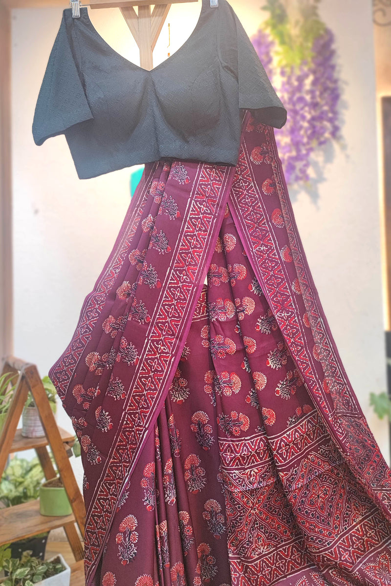Maroon Ajrakh Print Modal Saree with Soft Modal Drape & Intricate Geometric Pallu