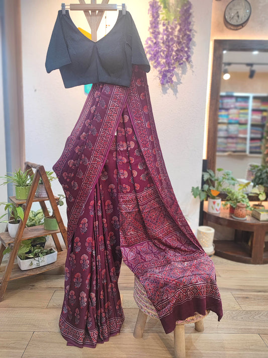 Maroon Ajrakh Print Modal Saree with Soft Modal Drape & Intricate Geometric Pallu