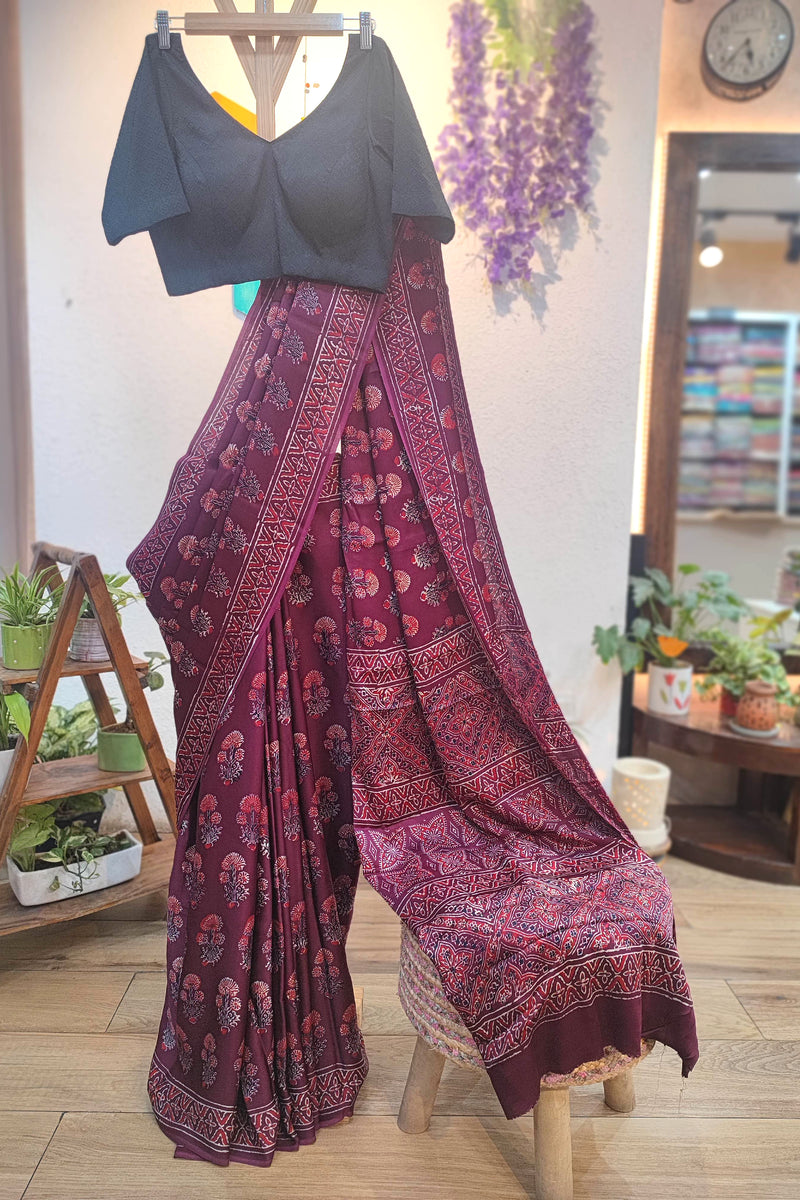 Maroon Ajrakh Print Modal Saree with Soft Modal Drape & Intricate Geometric Pallu