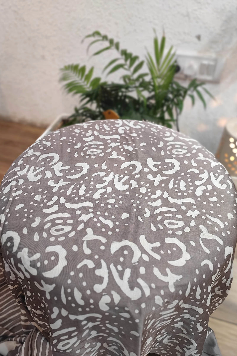 Grey Modal Silk Saree with Elephant Print & Golden Pallu