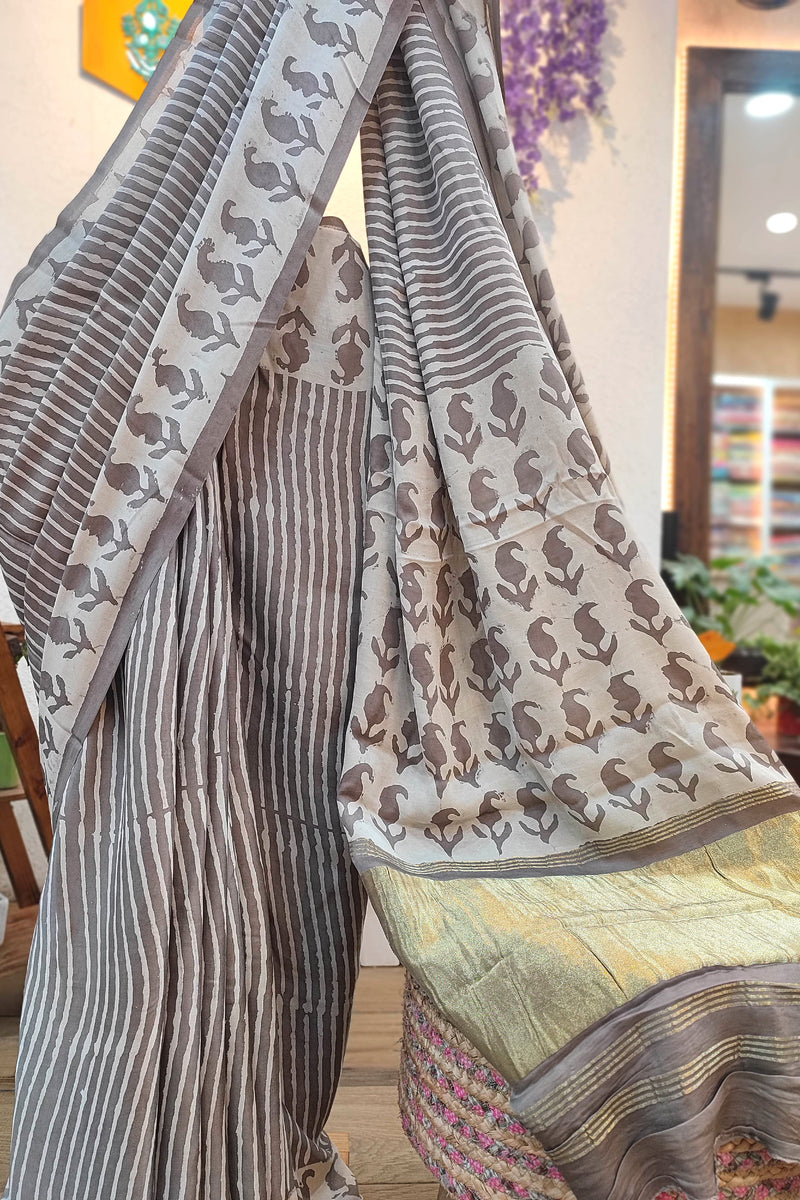 Grey Modal Silk Saree with Elephant Print & Golden Pallu