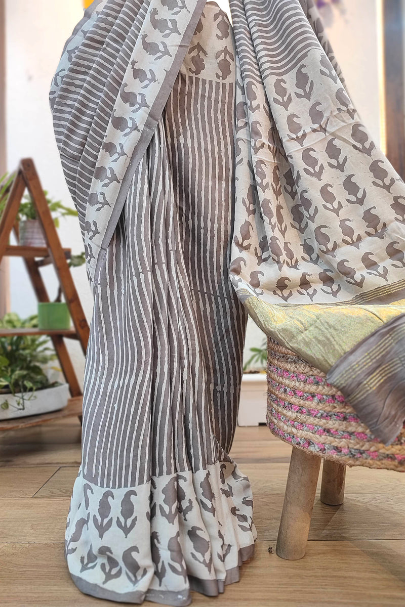 Grey Modal Silk Saree with Elephant Print & Golden Pallu