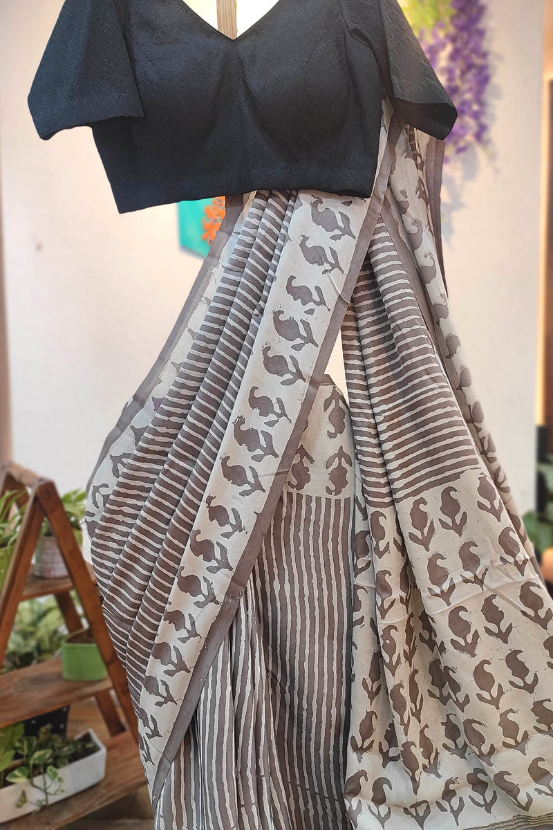 Grey Modal Silk Saree with Elephant Print & Golden Pallu