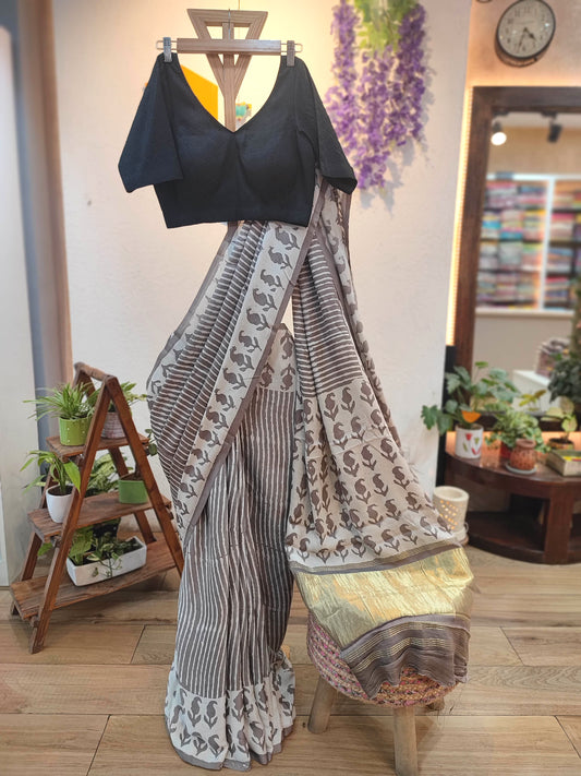 Grey Modal Silk Saree with Elephant Print & Golden Pallu