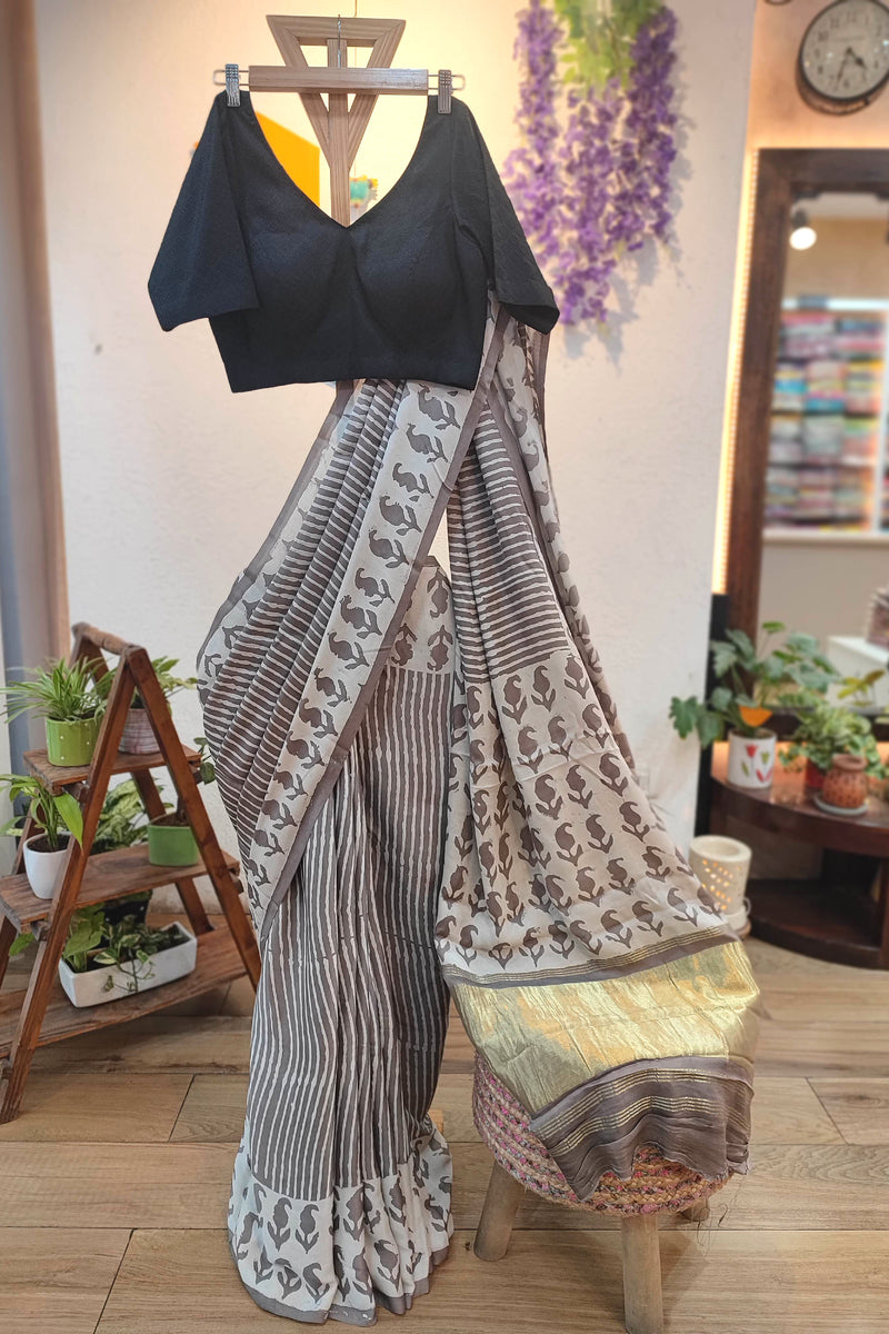 Grey Modal Silk Saree with Elephant Print & Golden Pallu