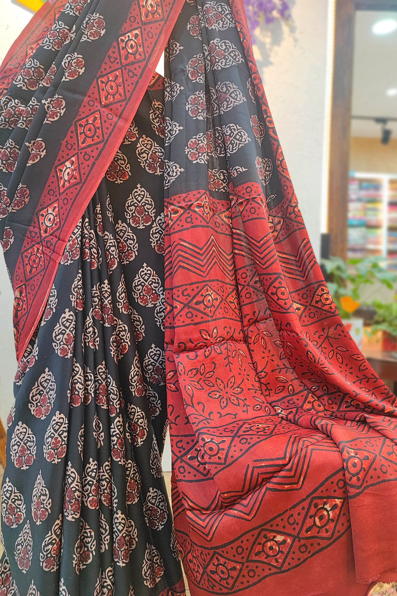 Black & Maroon Ajrakh Print Modal Saree | Soft Modal Fabric 