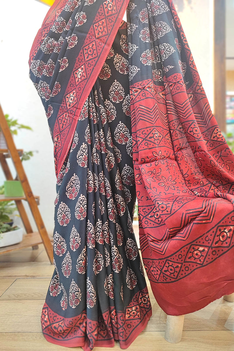 Black & Maroon Ajrakh Print Modal Saree | Soft Modal Fabric 