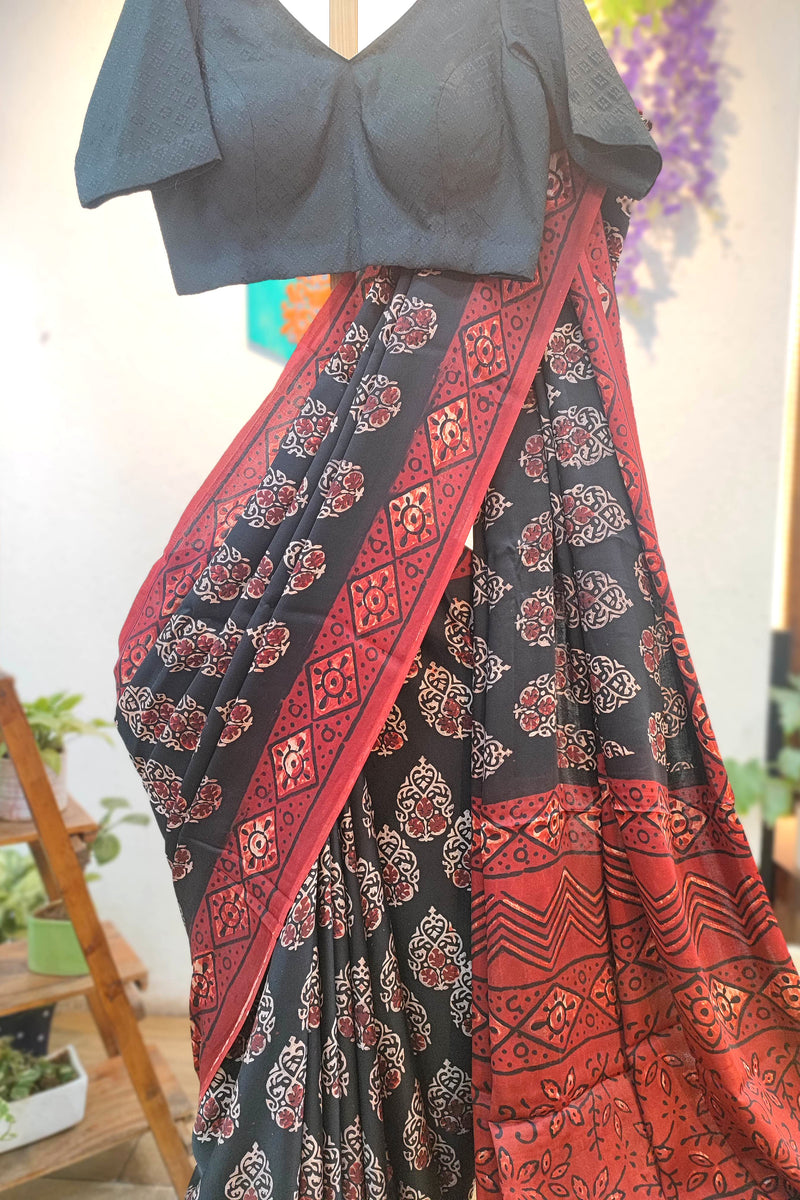 Black & Maroon Ajrakh Print Modal Saree | Soft Modal Fabric 