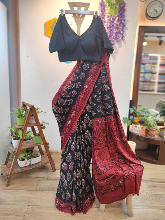 Black & Maroon Ajrakh Print Modal Saree | Soft Modal Fabric 