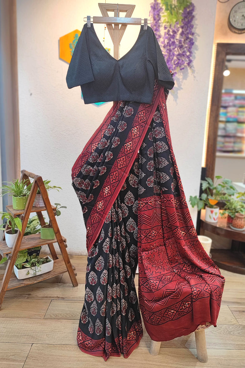 Black & Maroon Ajrakh Print Modal Saree | Soft Modal Fabric 