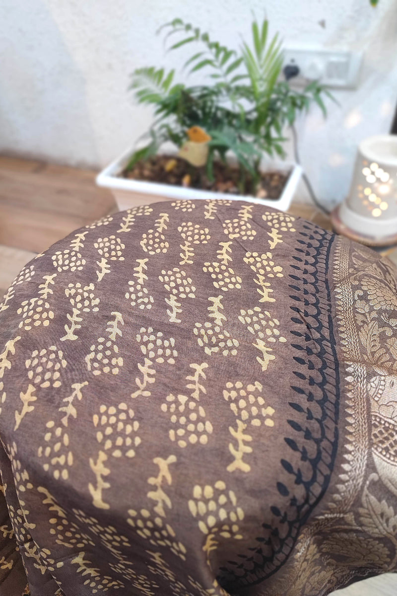 Brown Modal Silk Saree with Antique Gold Leaf Motifs & Heritage Woven Pallu