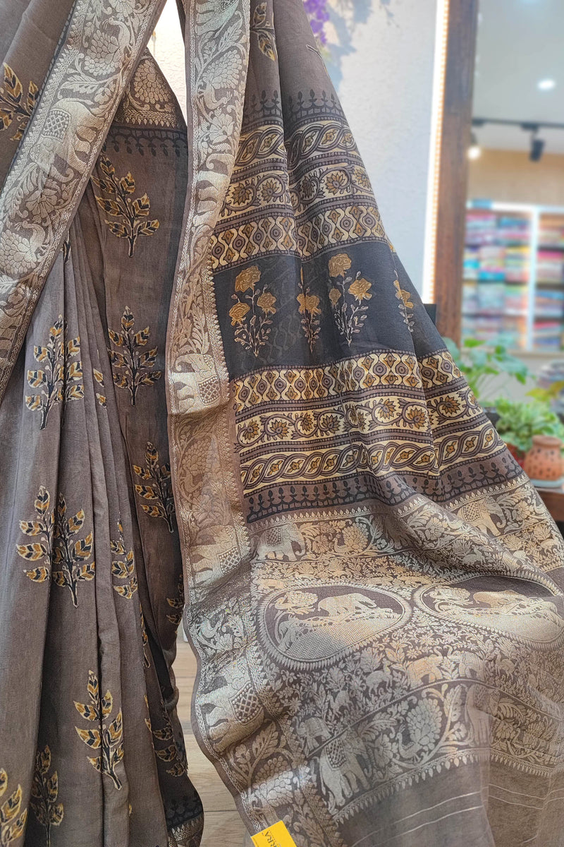 Brown Modal Silk Saree with Antique Gold Leaf Motifs & Heritage Woven Pallu