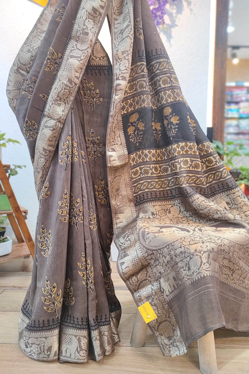 Brown Modal Silk Saree with Antique Gold Leaf Motifs & Heritage Woven Pallu