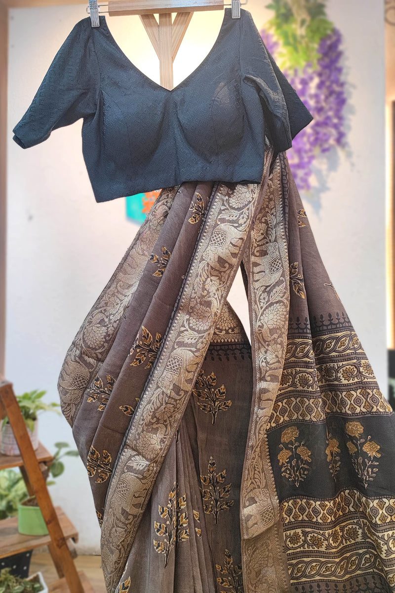 Brown Modal Silk Saree with Antique Gold Leaf Motifs & Heritage Woven Pallu
