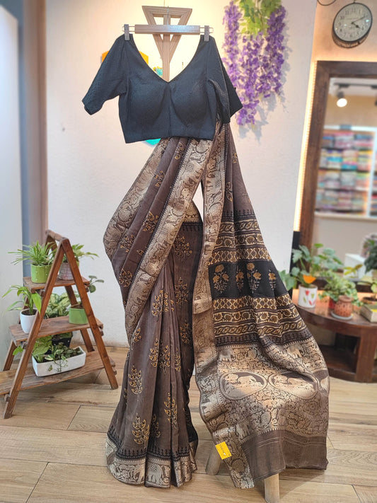 Brown Modal Silk Saree with Antique Gold Leaf Motifs & Heritage Woven Pallu