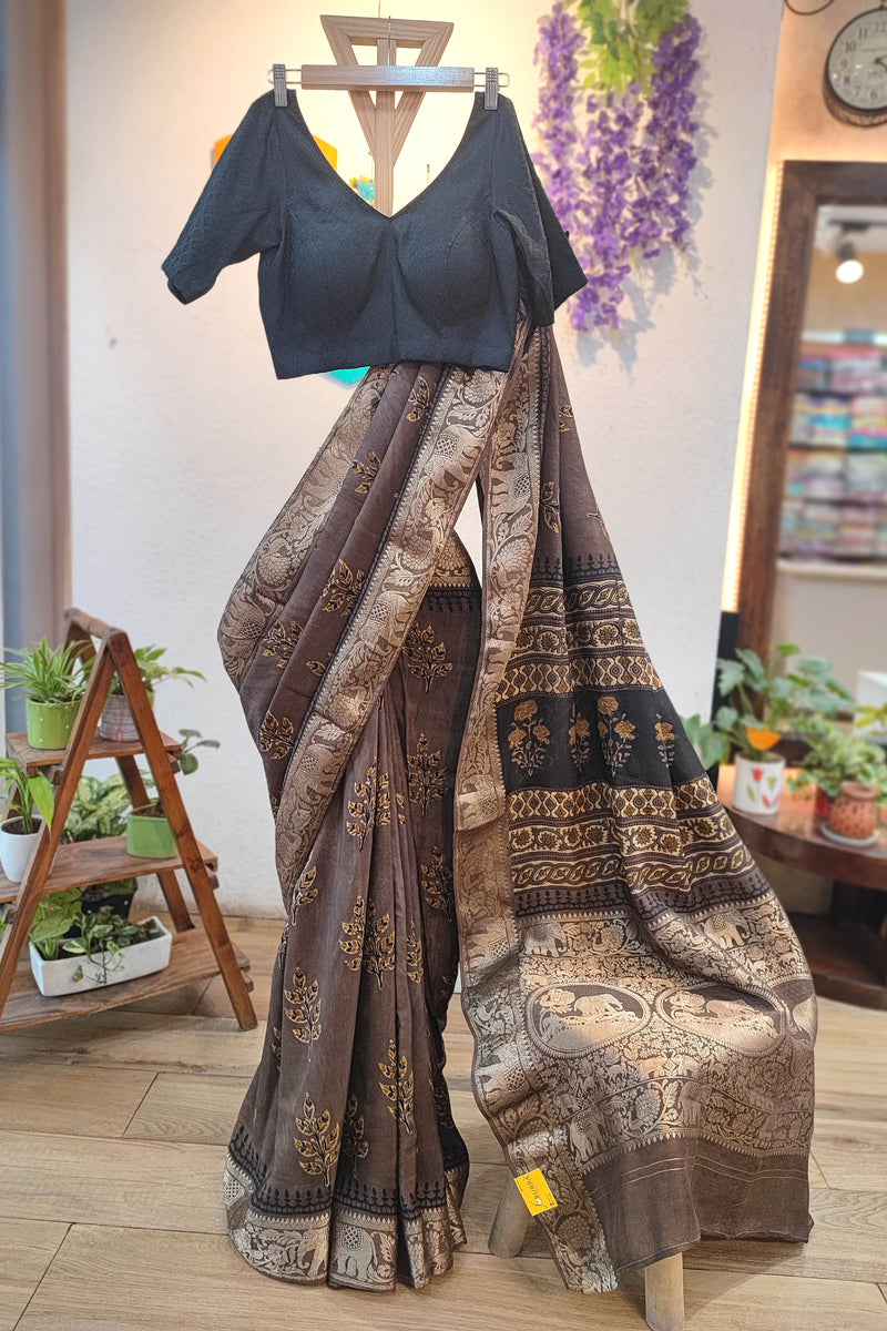 Brown Modal Silk Saree with Antique Gold Leaf Motifs & Heritage Woven Pallu