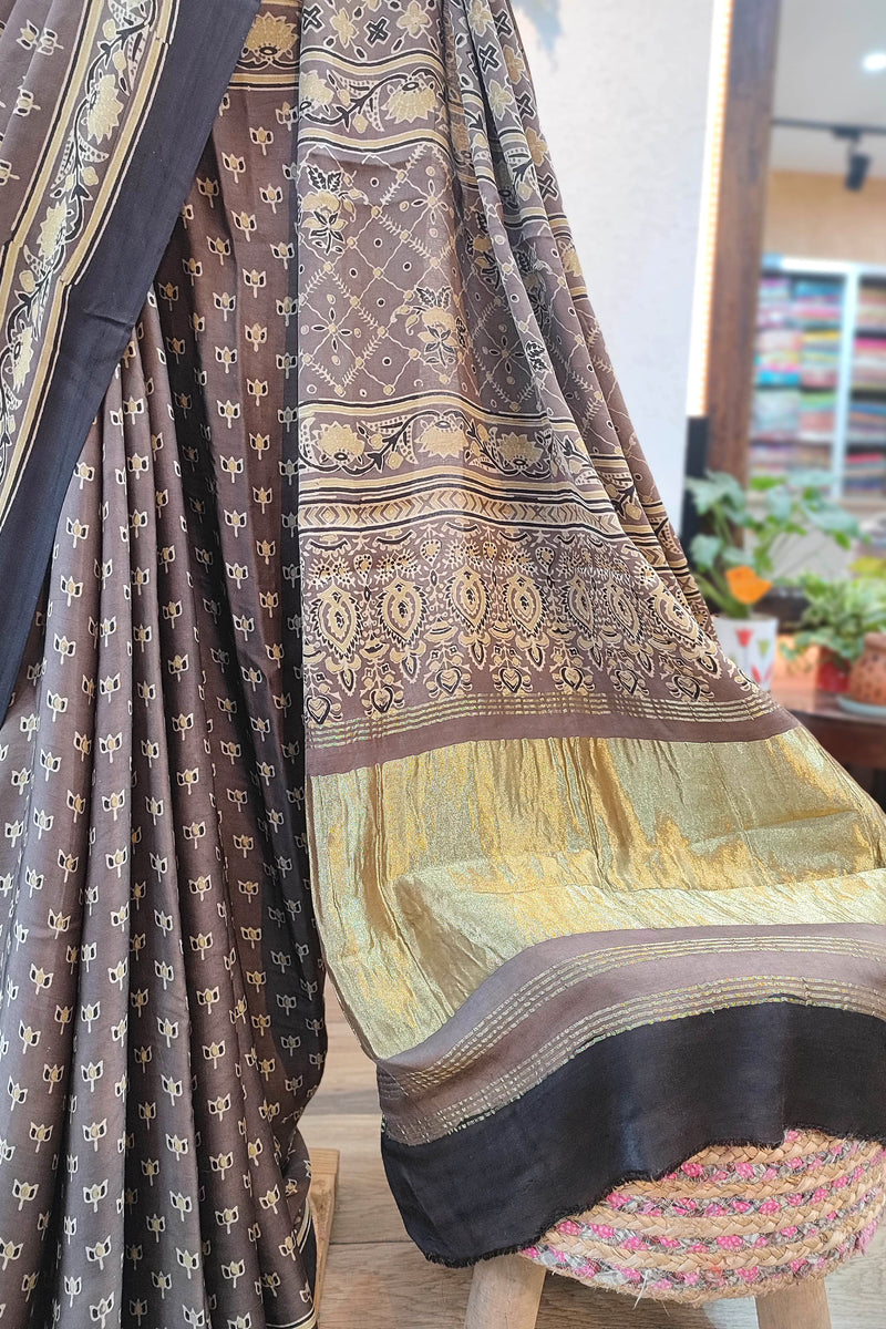 Brown Modal Silk Saree with Golden Pallu | Soft Modal Silk Saree
