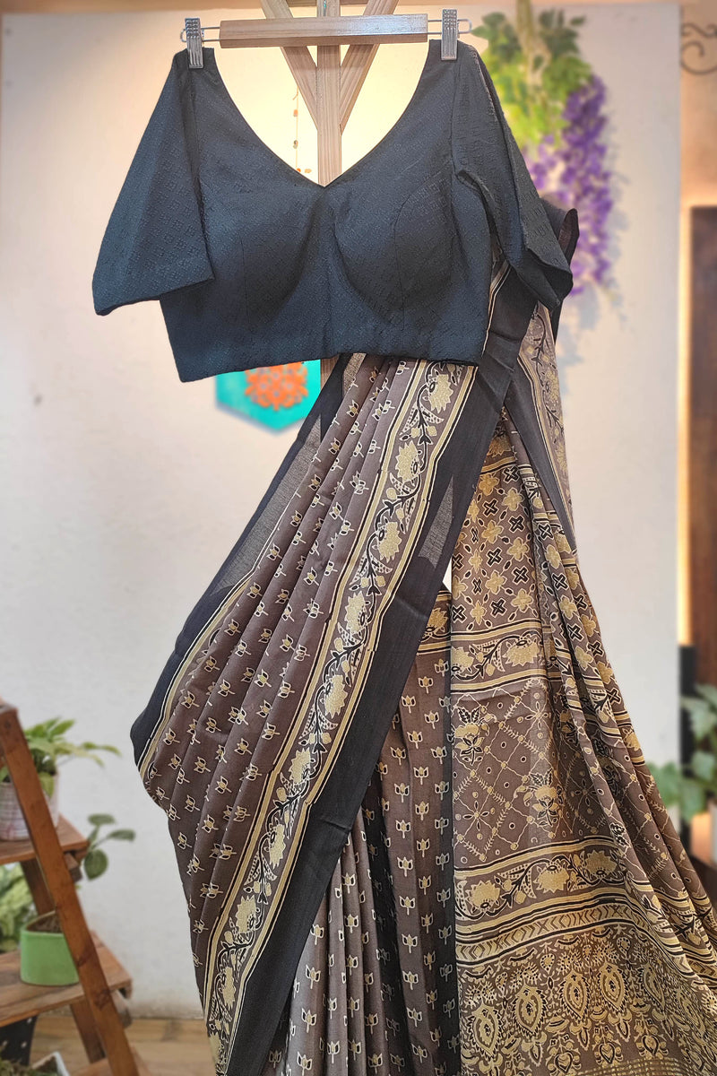 Brown Modal Silk Saree with Golden Pallu | Soft Modal Silk Saree
