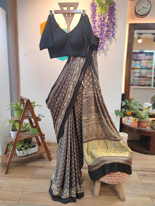 Brown Modal Silk Saree with Golden Pallu | Soft Modal Silk Saree