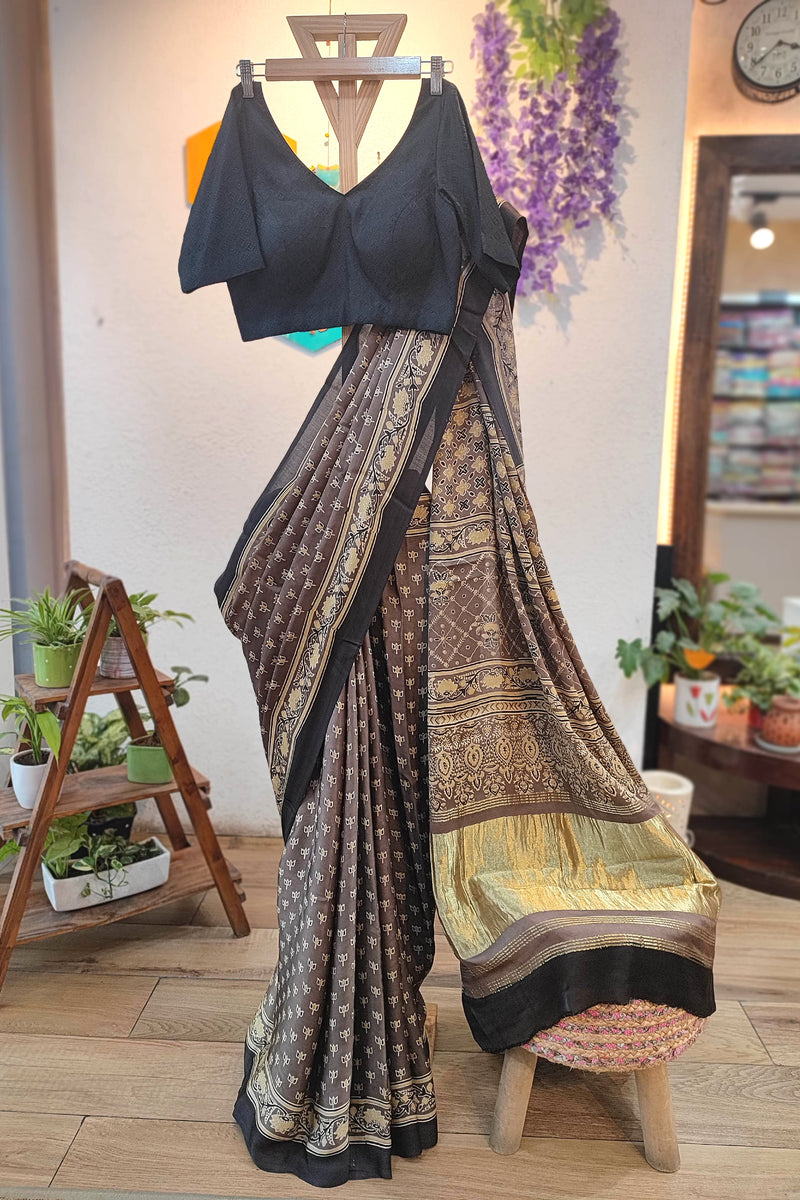 Brown Modal Silk Saree with Golden Pallu | Soft Modal Silk Saree