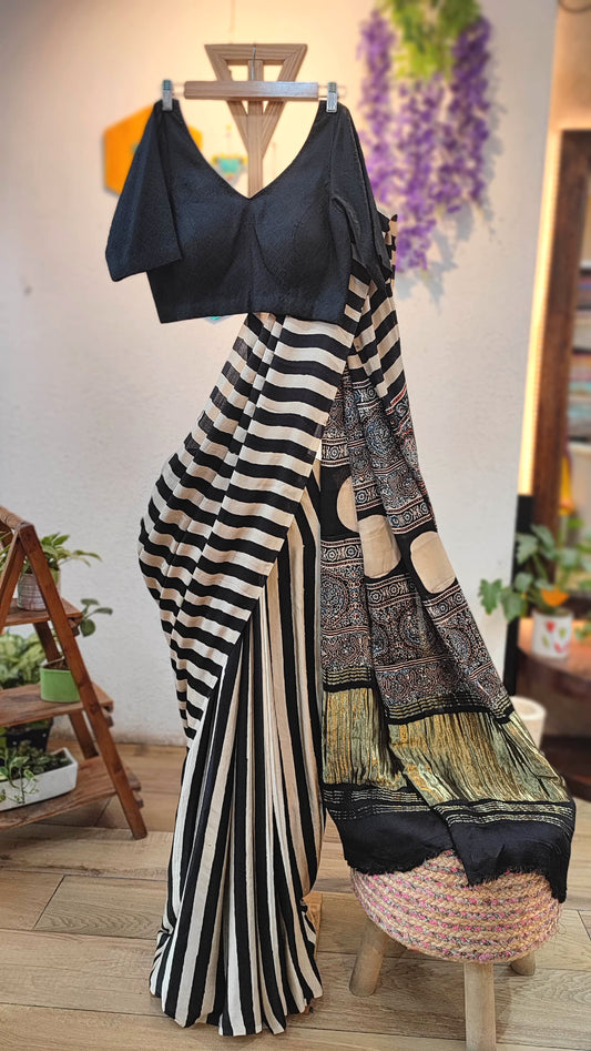 Black & Cream Modal Saree with Woven Pallu | Premium Soft Modal