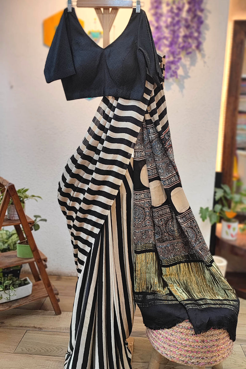 Black & Cream Modal Saree with Woven Pallu | Premium Soft Modal