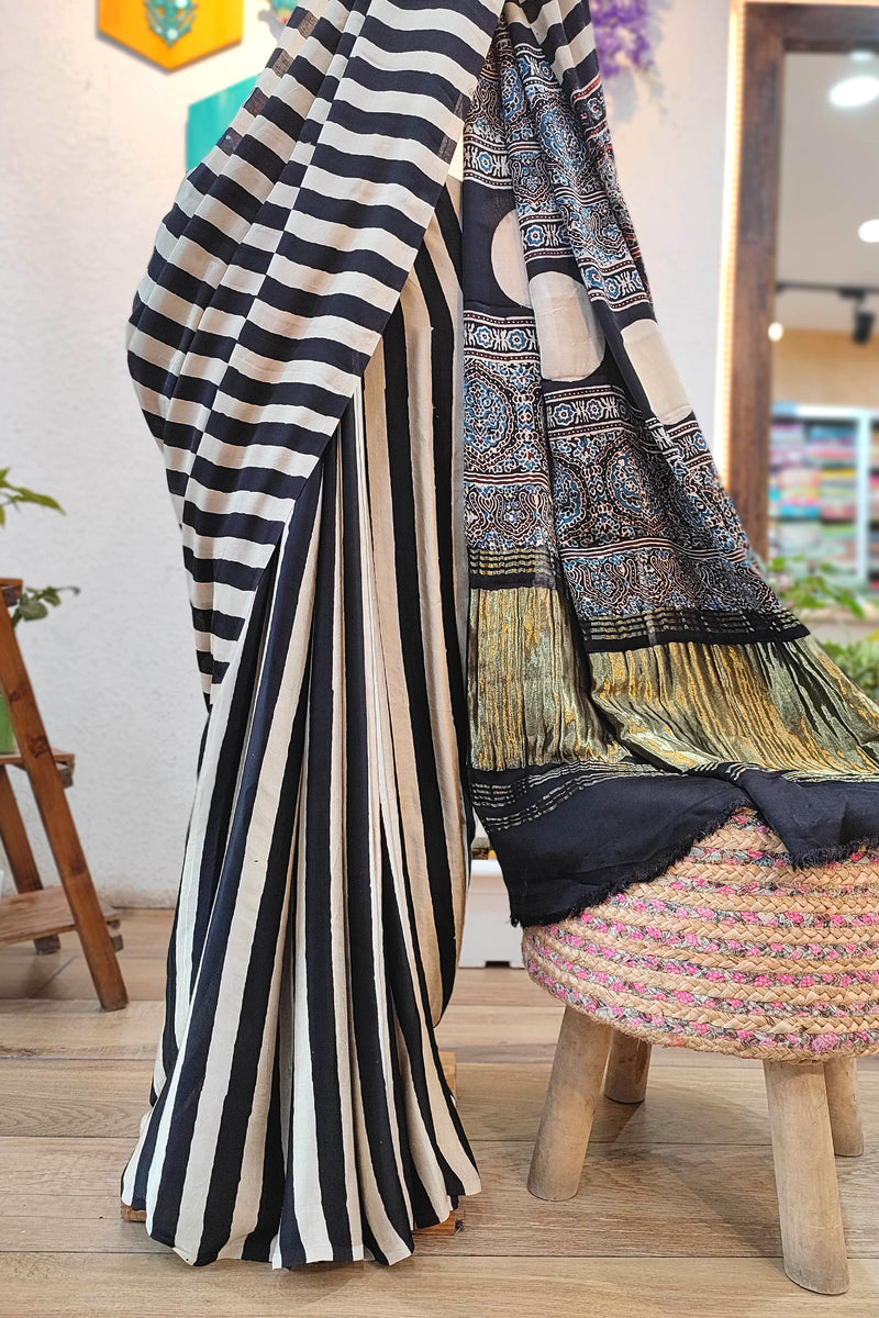 Black & Cream Modal Saree with Woven Pallu | Premium Soft Modal