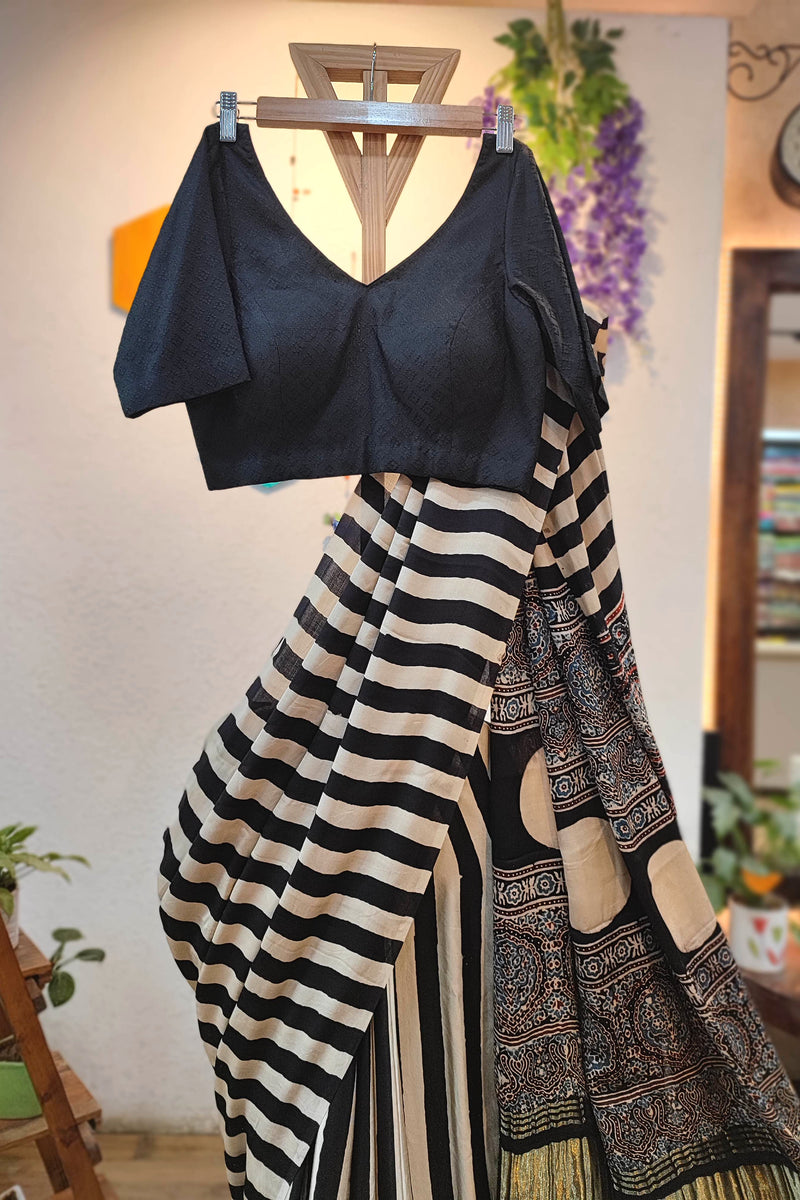 Black & Cream Modal Saree with Woven Pallu | Premium Soft Modal